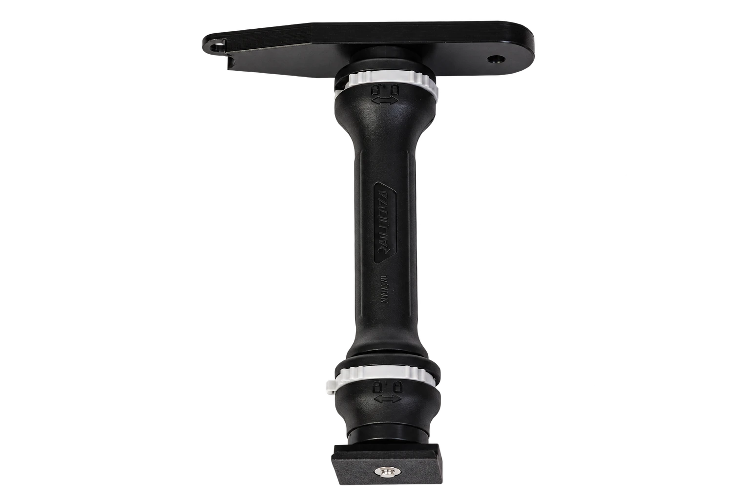 Black EXO and Geode mount handpiece adapter photographed upright