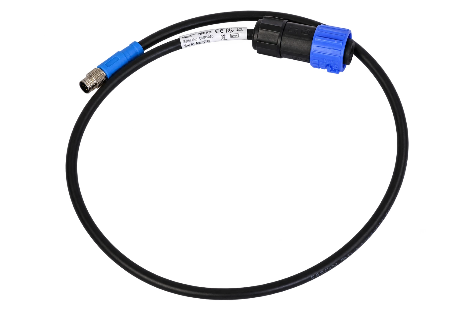 Coiled RS5 multiport cable with blue threaded four-pin connector