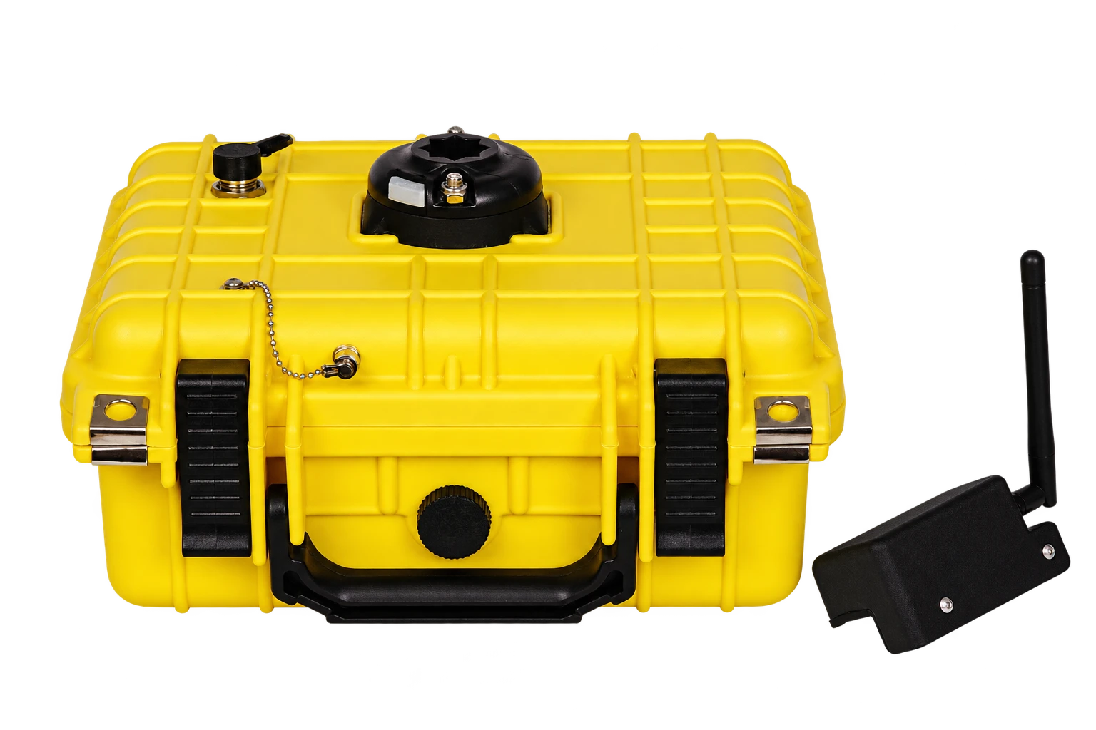 Closed yellow RTK Base Station case with its external radio module