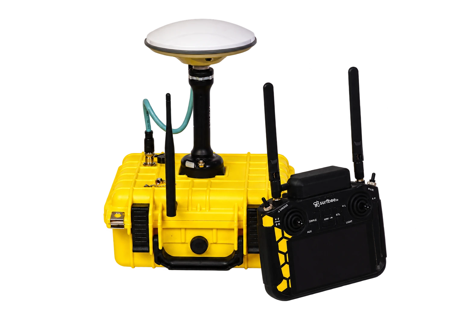 RTK Base Station assembled with GNSS antenna and Surfbee transmitter