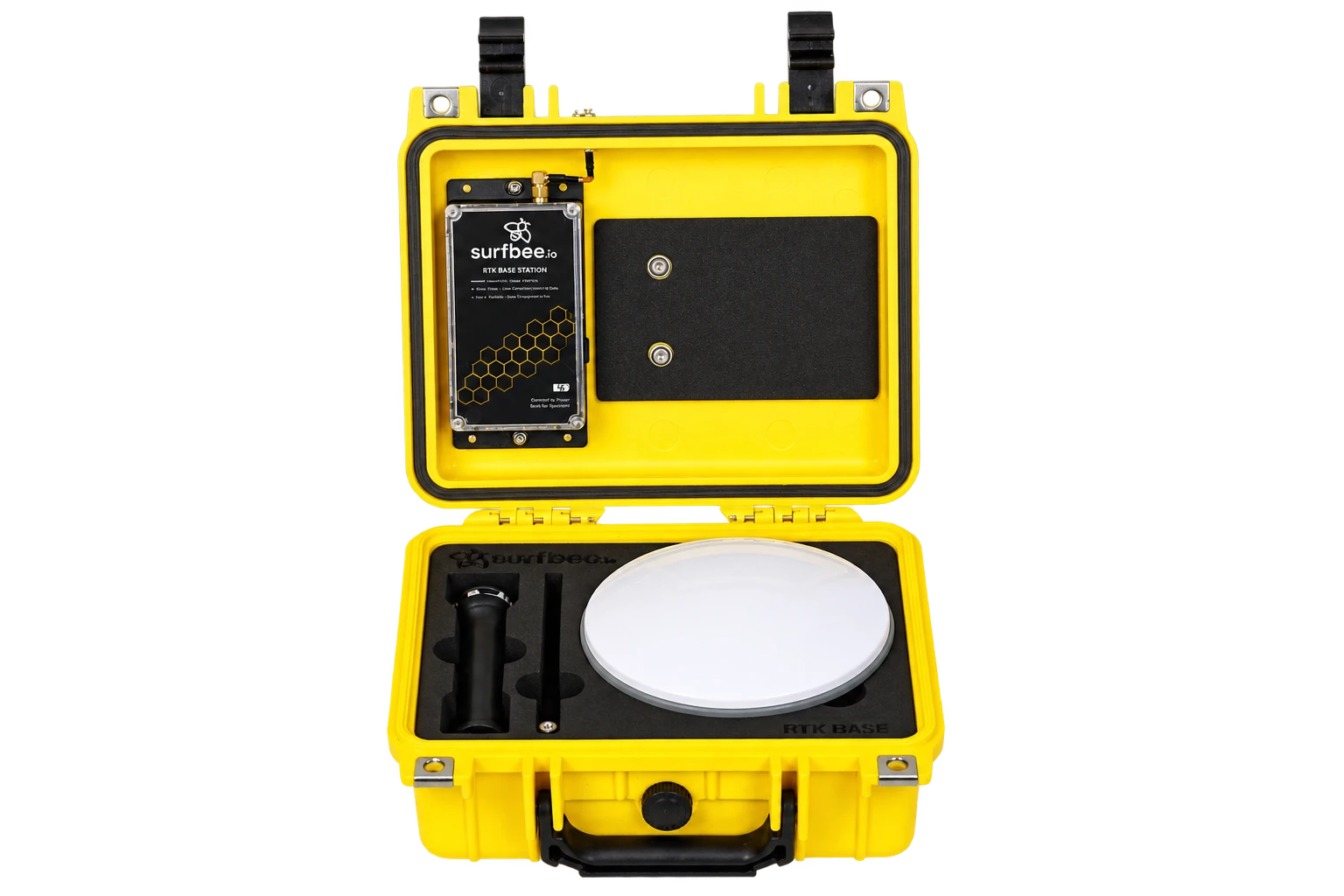 Open RTK Base Station case showing the antenna and internal module