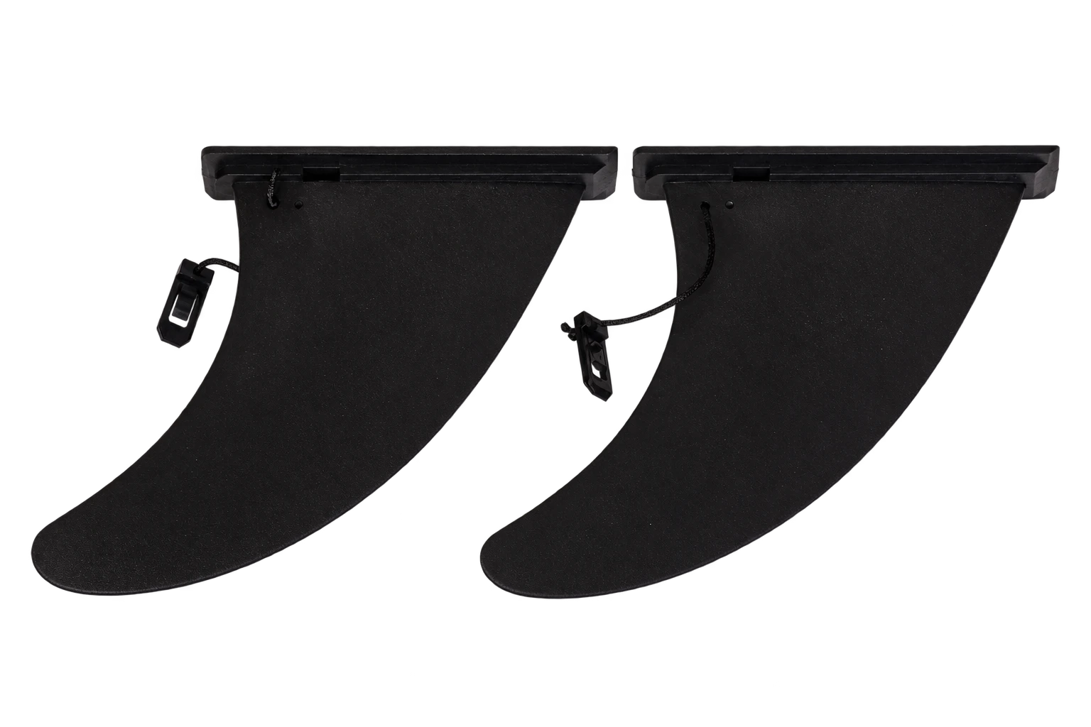 A pair of black Surfbee blank fins photographed in the studio