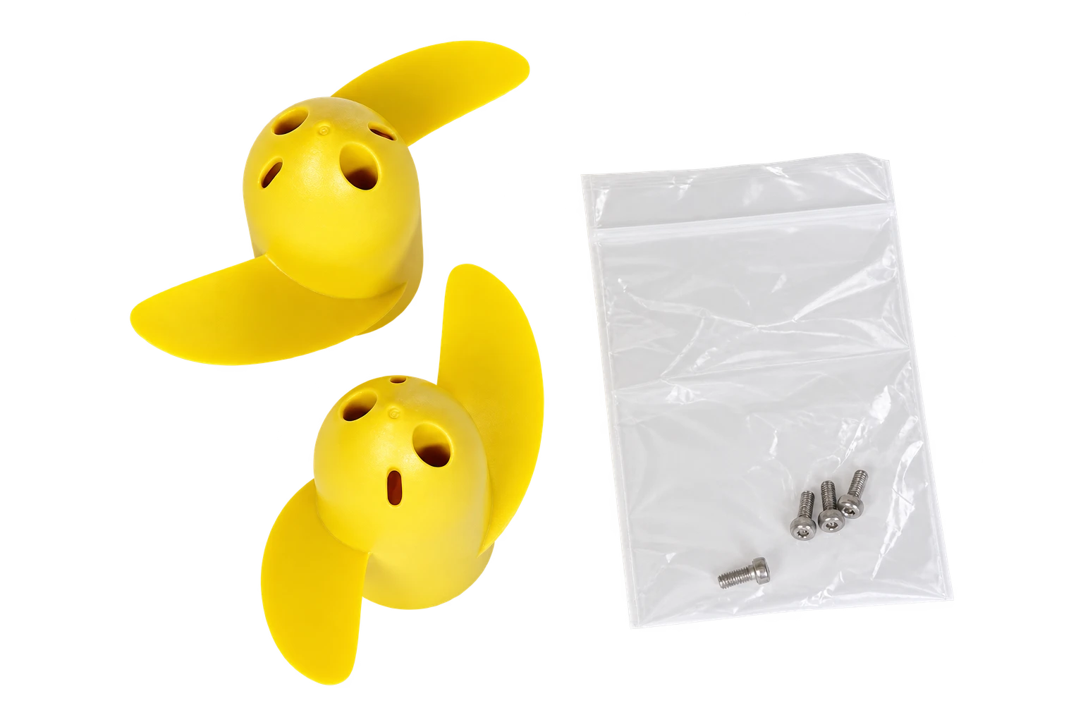 A pair of yellow T300 left and right propellers with mounting hardware