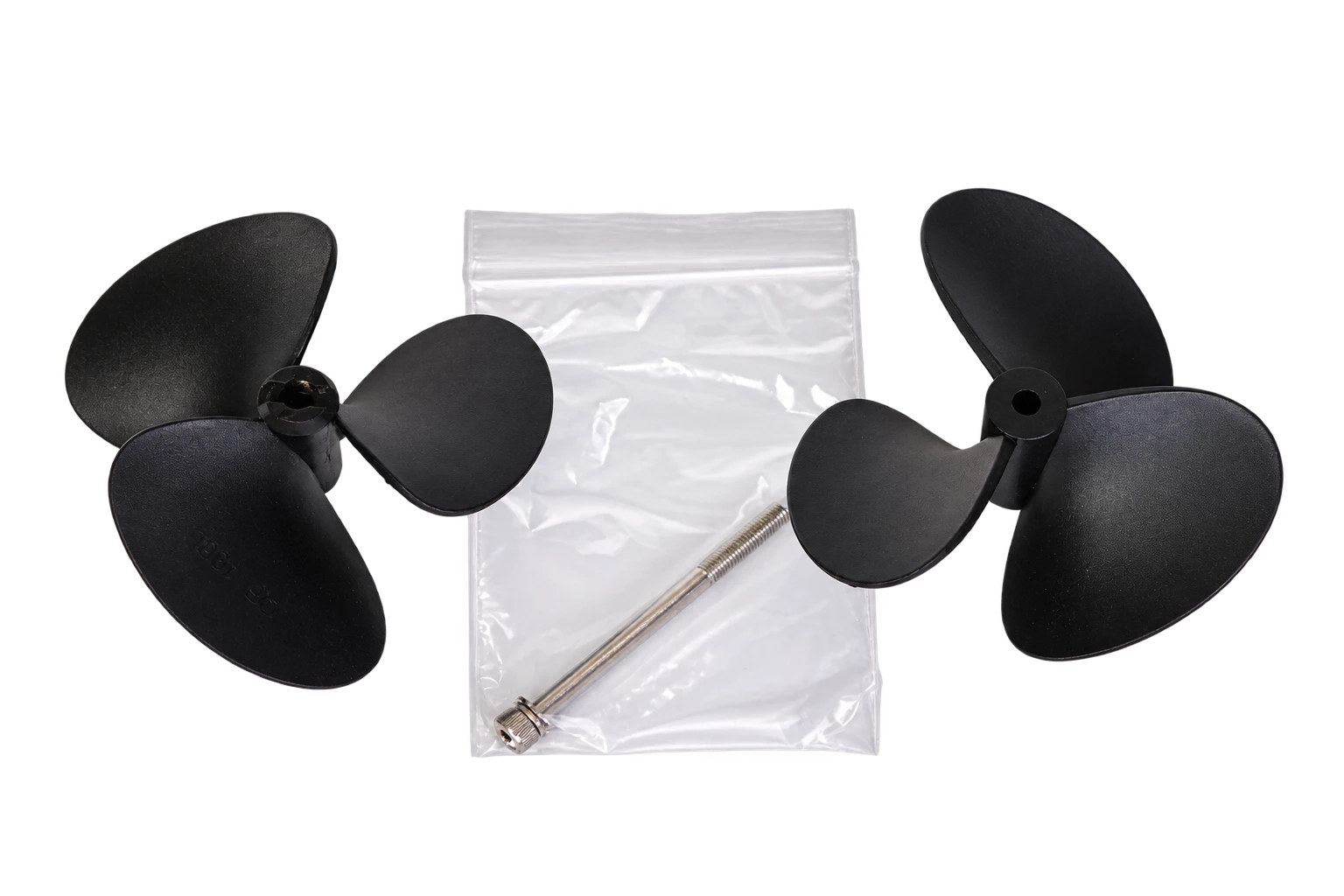 A pair of black T600 propellers with mounting hardware