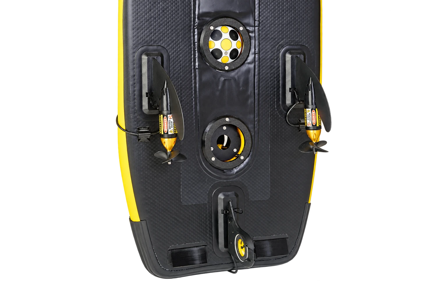 Underside of a Surfbee vessel showing the installed T600 thruster set