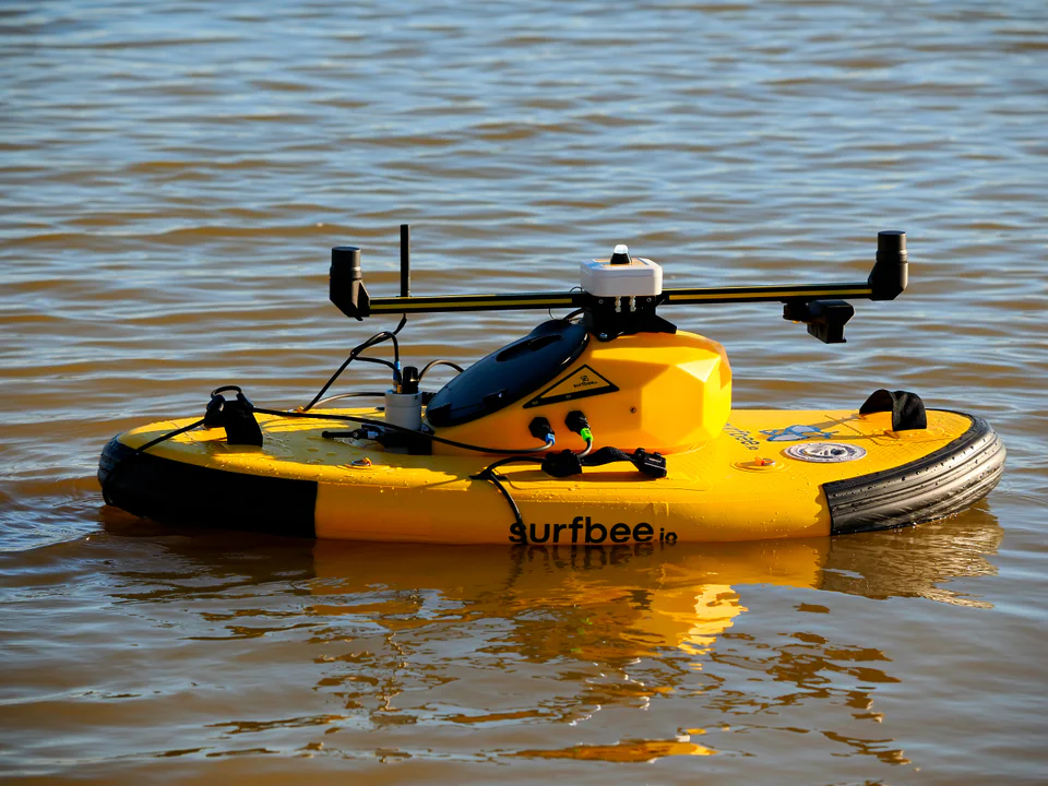 A configured Surfbee vessel floating on the water at Lake Hume